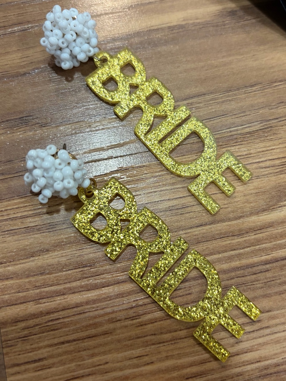 Gold 'BRIDE' Dangle Earrings with White Bead Posts